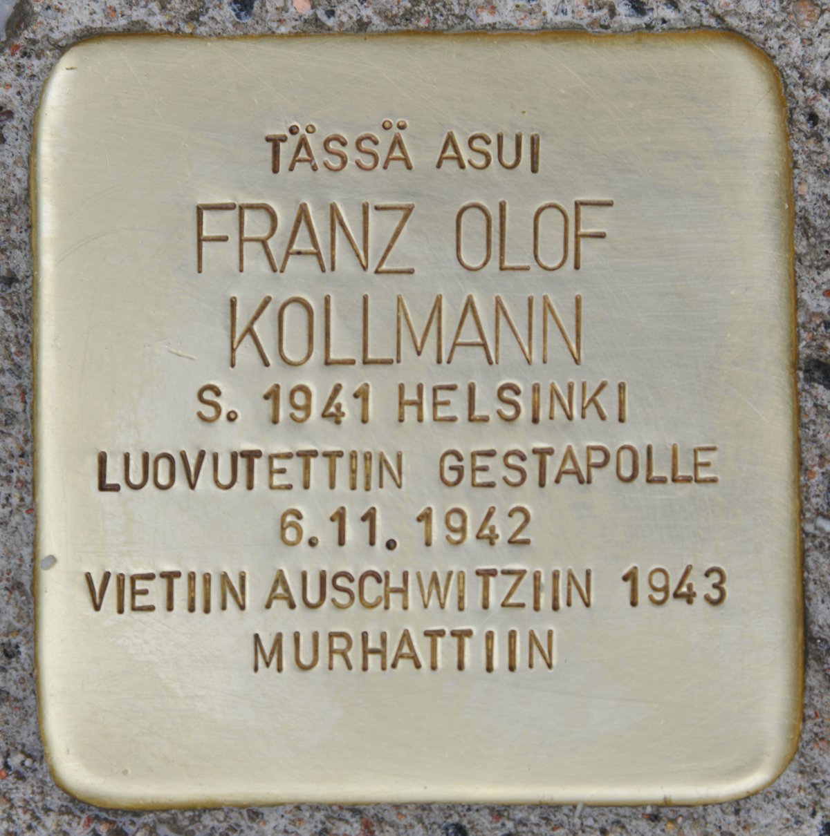 Stolperstein dedicated to Franz Olof Kollmann in Helsinki, Finland