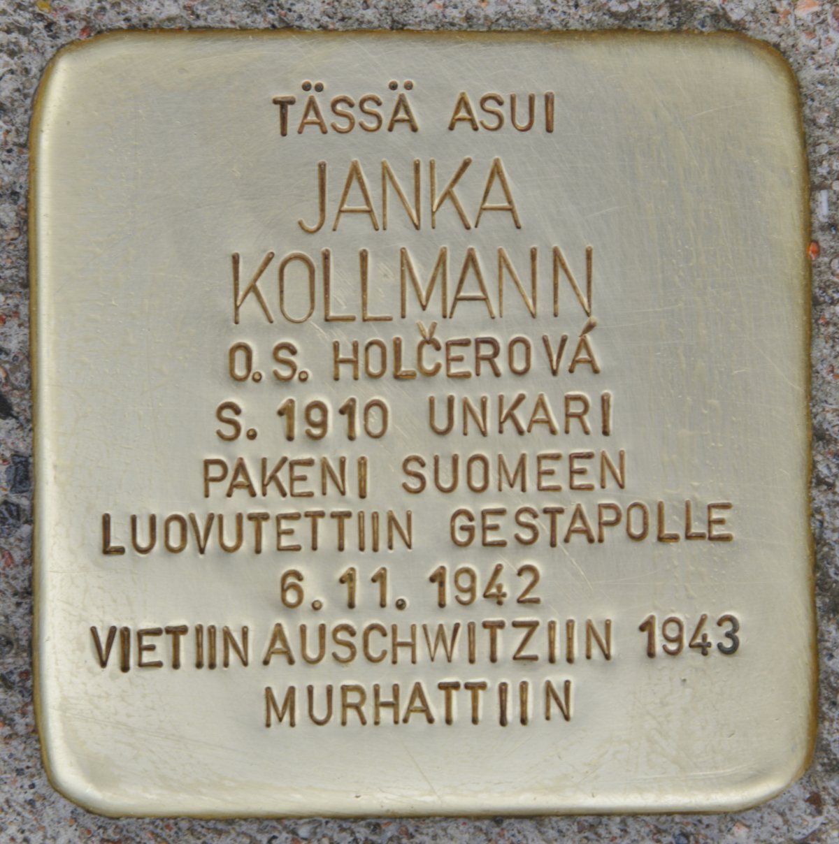 Stolperstein commemorating Janka Kollmann in Helsinki, Finland