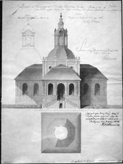 Facades and proposed tower design of Kungsholms kyrka (Ulrika Eleonora kyrka) in Stockholm, Sweden, 1806 architectural drawing by P. W. Palmroth