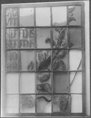Close-up detail of a stained glass window donated by the Stockholm Glassmakers Guild in 1688
