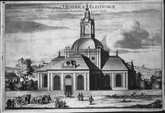 Kungsholms Kyrka (Ulrika Eleonora) exterior as depicted in Suecia Antiqua et Hodierna drawing