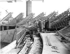 Construction site of Veterans Memorial Coliseum in Portland Oregon with cranes and steel framework