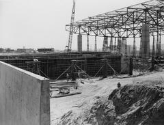 Construction site of Veterans Memorial Coliseum in Portland Oregon with structural steel framework