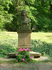 Statue of Wolfgang Amadeus Mozart in front of the Museum of W. A. Mozart and the Dušeks at Bertramka