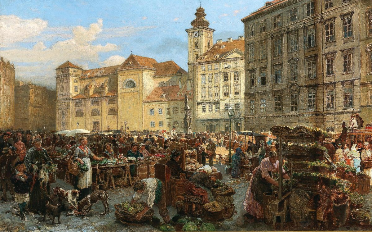 View of the market on Freyung in Vienna with historic buildings and people