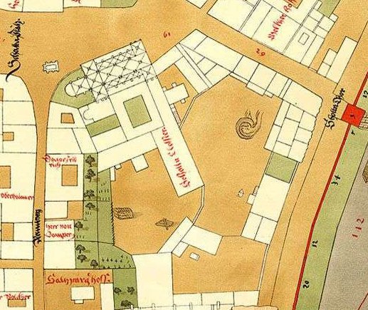Schottenstift in Vienna from a 1857 reproduction of a 1547 historical map by Bonifaz Wolmuet