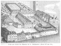 Historical illustration of the Schottenkloster monastery in the 17th century