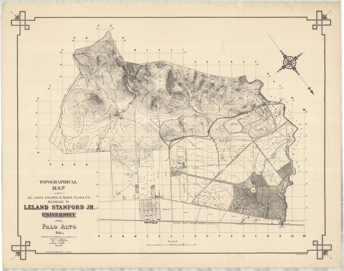 Topographical map of all lands situated in Santa Clara County belonging to Leland Stanford Jr. University showing detailed roads including New Searsville Road in Palo Alto, California, surveyed in 188