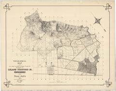 Topographical map of all lands situated in Santa Clara County belonging to Leland Stanford Jr. University showing detailed roads including New Searsville Road in Palo Alto, California, surveyed in 1888