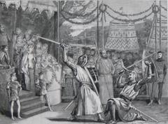 1891 illustration of the opera Ivanhoe at the Royal English Opera House showing the Tournament at Ashby-de-la-Zouch with characters De Bracy, Prince John, Rowena, Ivanhoe, Friar Tuck, and Sir Brian de Bois Guilbert