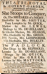 Vintage playbill for theatre comedy She Stoops to Conquer at Theatre-Royal Covent-Garden