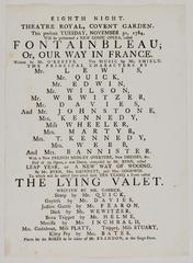 Playbill of Covent Garden Theatre from November 30, 1784 announcing performances including Fontainbleau; or, Our way in France and others