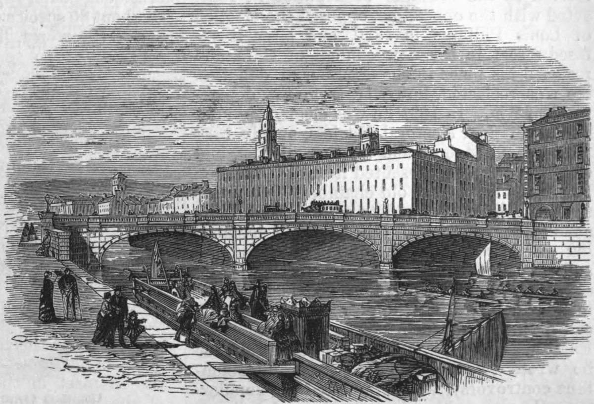 Drawing of St. Patrick's Bridge over River Lee in Cork Ireland with surrounding buildings