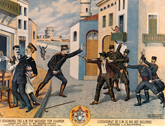 Greek lithograph of the assassination of King George I of Greece at Thessaloniki, 1913