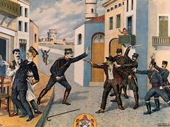 Greek lithograph showing the assassination of King George I of Greece at Thessaloniki in 1913