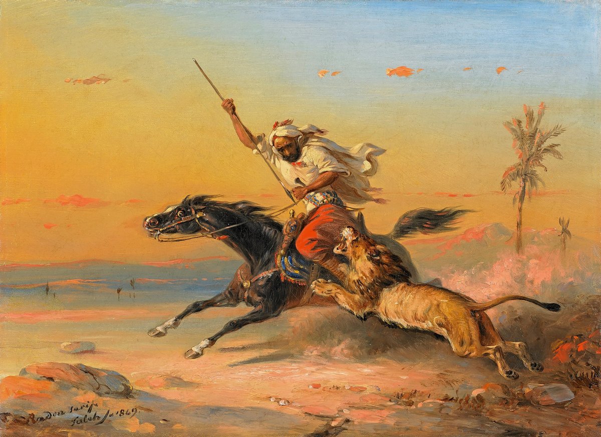 Arab horseman attacked by a lion in 1849 painting