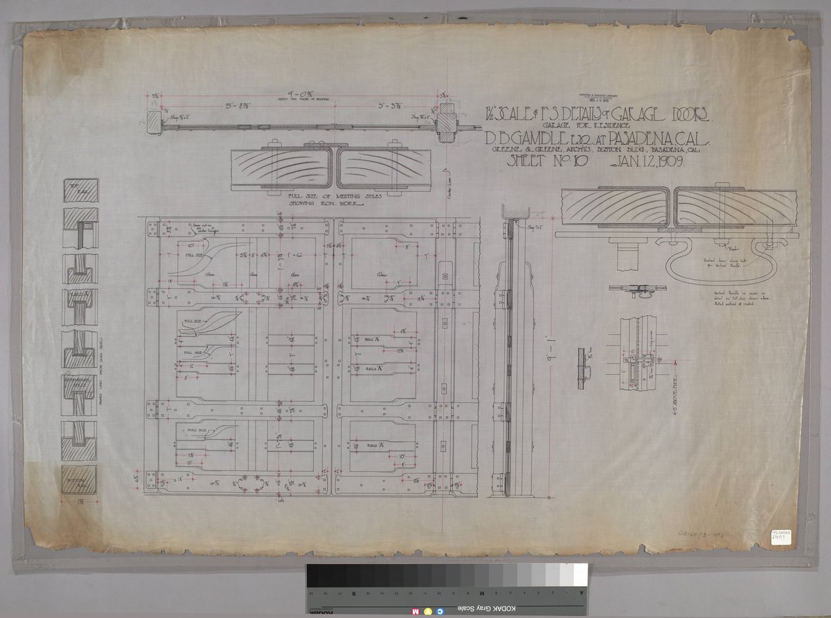 Architectural drawing detail of garage doors at 1 1/2 scale from 1909 by Greene & Greene