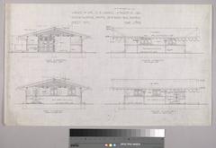 Graphite architectural drawings showing east, north, west, and south elevations of a garage designed by Greene & Greene