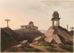 Antiquated Hindu temple architecture near Gangadhareshvara temple south of Bangalore with stone disc of Vishnu, pavilion, and stone pillar for sacred fire