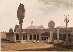 Ancient oriental artwork depicting two pillars with large sun and moon discs and a third pillar topped with Shiva's trident