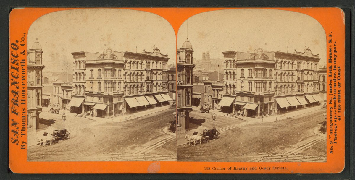 Black and white photograph of the corner of Kearny and Geary Streets