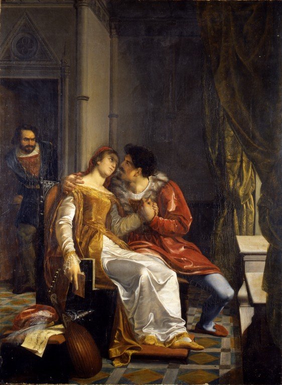 Paolo and Francesca surprised in a loving embrace by Gianciotto, a classic romantic painting