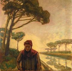 Painting of Dante Alighieri walking in a pine forest