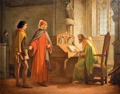 Painting of Dante presenting Giotto to Guido da Polenta at Museo Dantesco in Ravenna