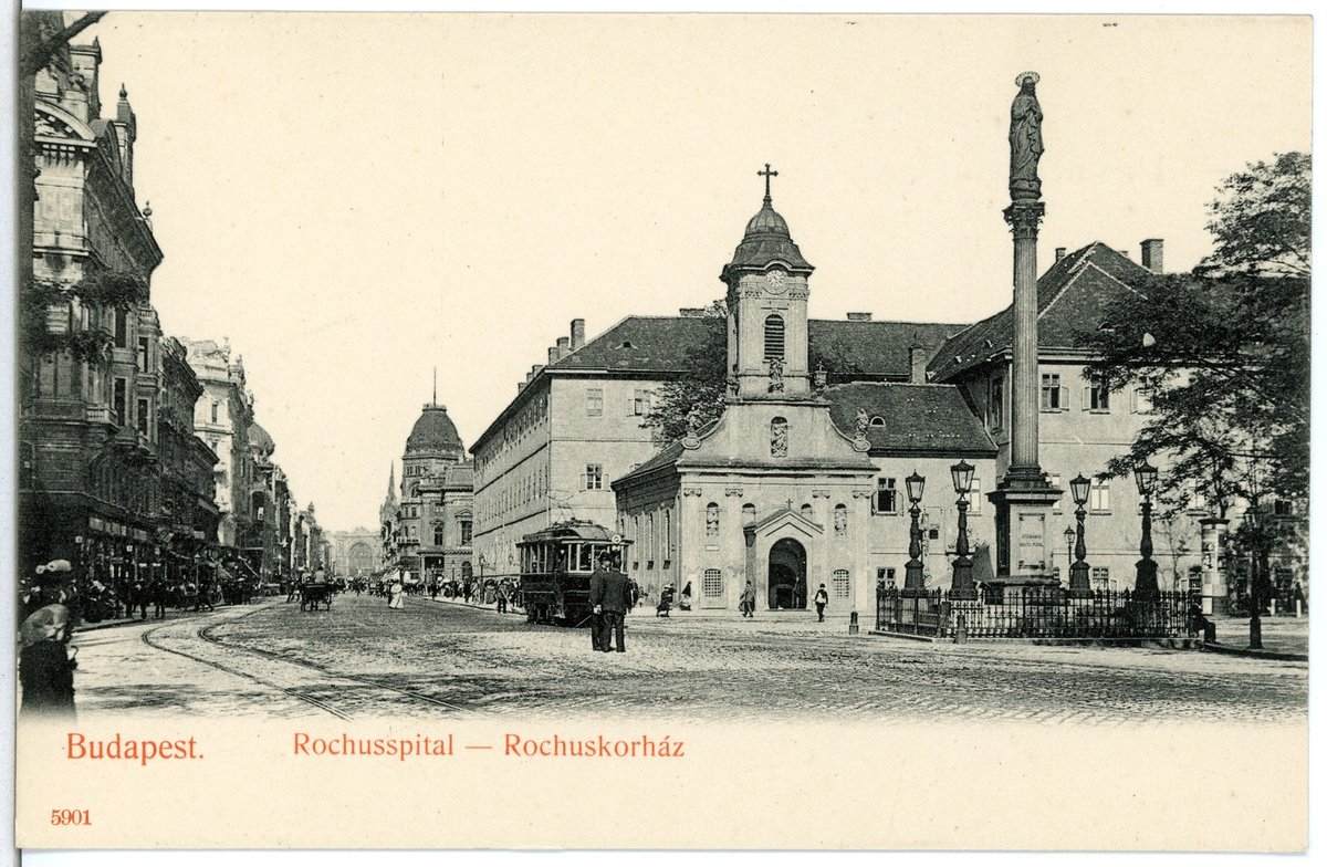 Historical view of Rochusspital and streetcar in Budapest 1905