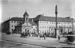 View of Rókus Hospital and Chapel with Maria Immaculata statue in front in Budapest