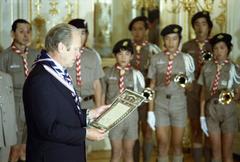 President Gerald R. Ford meeting with Japanese Boy Scouts and receiving The Order of the Golden Pheasant at Akasaka Palace in Tokyo, Japan