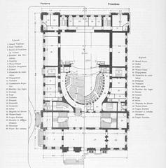 Architectural floor plans of Grand Théâtre Geneva showing stage, orchestra, lobby, first balcony, and grand foyer