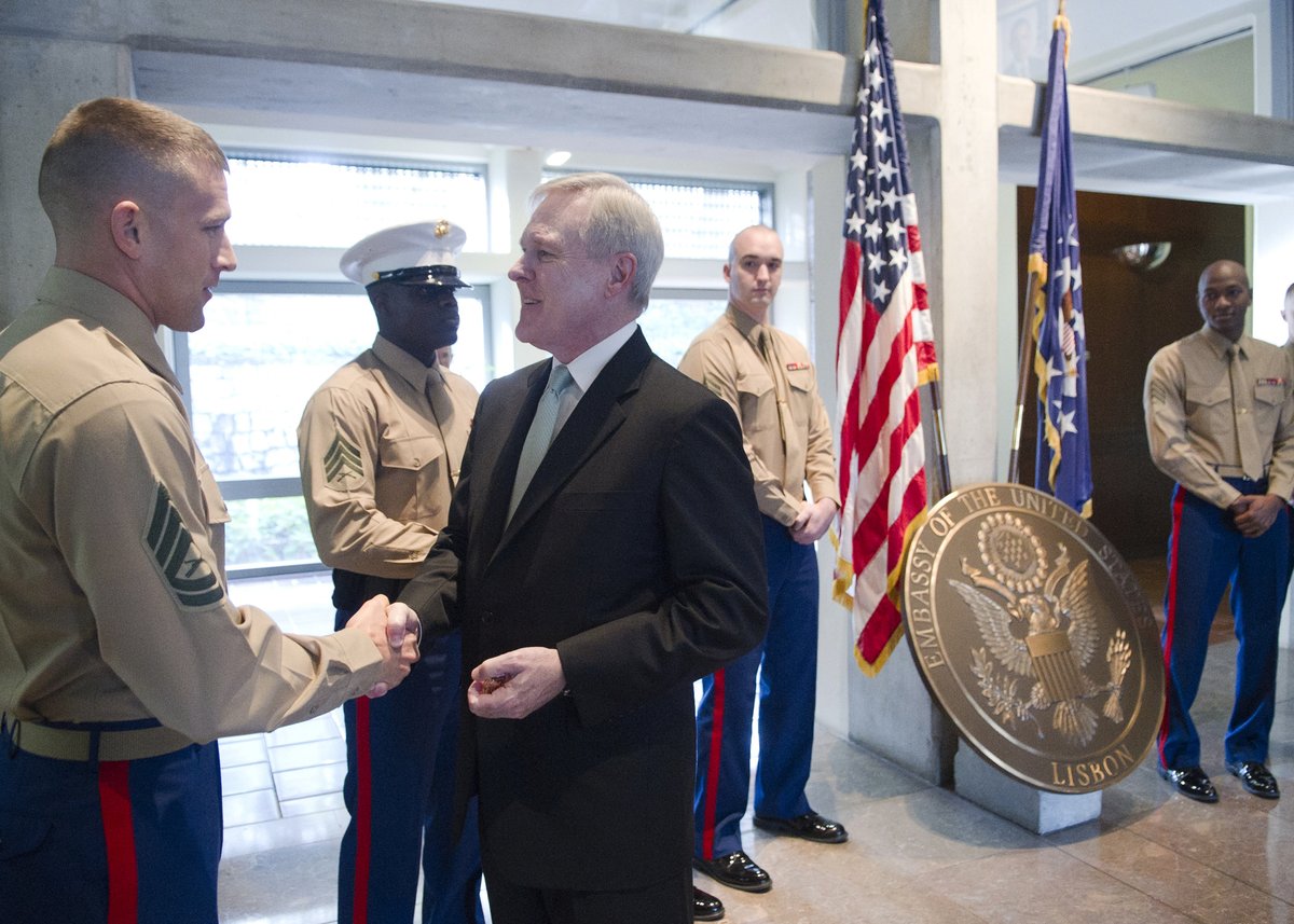 Secretary of the Navy Ray Mabus greeting Marines at the U.S. Embassy in Lisbon Portugal
