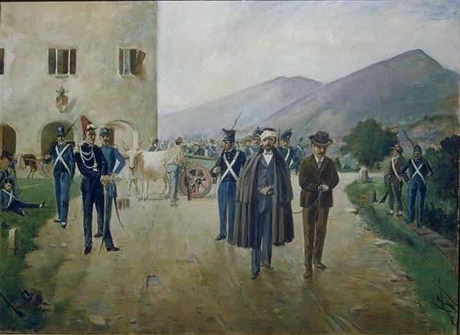 Historical painting depicting the battle at Balze di Scavignano on the border between the Papal States and the Grand Duchy of Tuscany during the Risorgimento