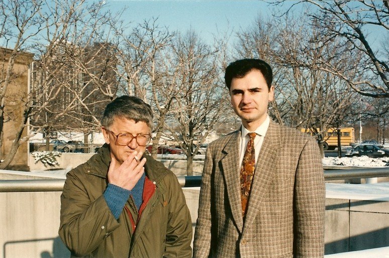 Steve Tesich and Dejan Stojanovic in front of Goodman Theatre Chicago