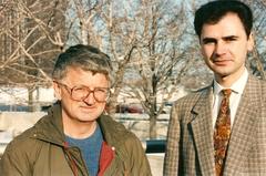 Steve Tesich and Dejan Stojanovic in front of the Goodman Theatre Chicago