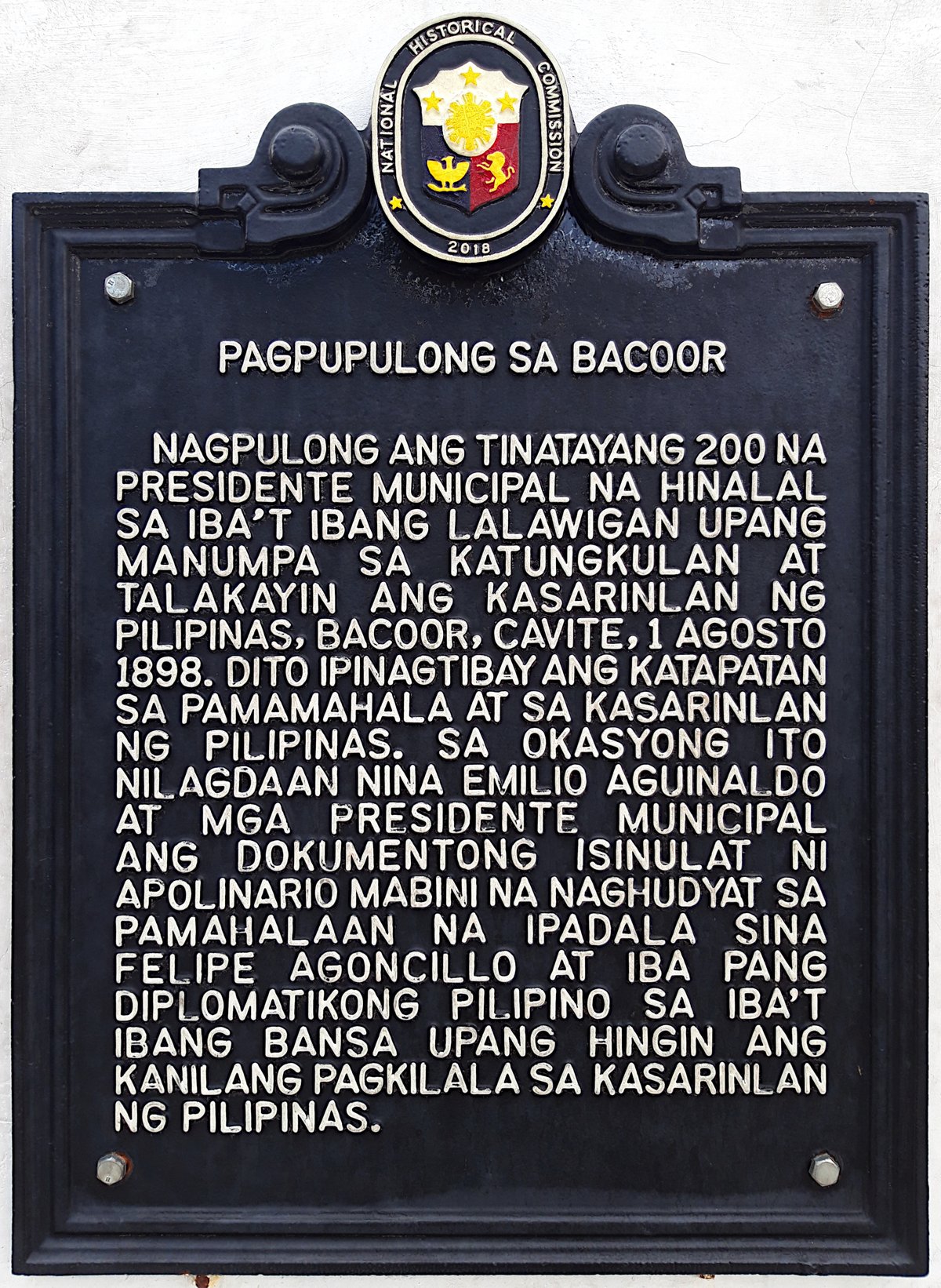 Historical marker commemorating the Bacoor Assembly during the Philippine Revolution at Plaza de Padre Mariano A. Gomez, Bacoor, Cavite