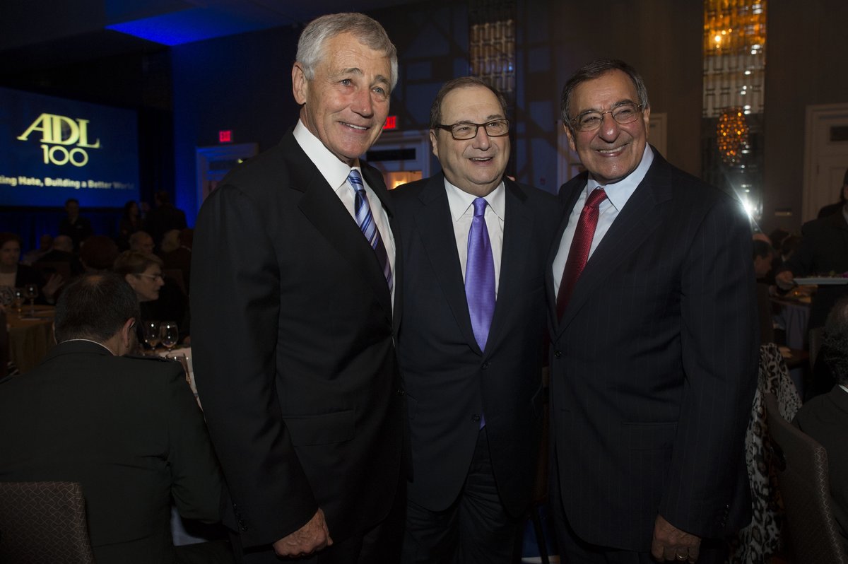 Secretary of Defense Chuck Hagel with former Secretary Leon Panetta and ADL Director Abraham Foxman at Anti-Defamation League centennial dinner 2013
