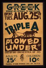 Vintage poster for Federal Theatre Project's Triple A Plowed Under showing man with horse-drawn plow