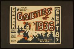 Colorful poster for the Federal Theatre Project musical revue Gaieties of 1936 showing orchestra and dancing girls at the Greek Open Air Theatre in Griffith Park