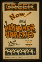 Colorful silkscreen poster for Federal Theatre Project's 'Midsummer Varieties' at Greek Open Air Theatre in Griffith Park, Los Angeles
