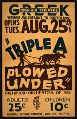 Silkscreen poster for Triple A Plowed Under play produced by Federal Theatre Project in Los Angeles