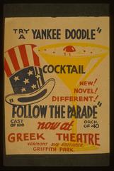 Vintage poster promoting Yankee Doodle cocktail with a martini glass and patriotic top hat in red, white, and blue