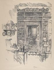 Interior view of a book room with shelves filled with books and a person reading at a desk