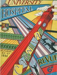 Cover of University Hospital Birmingham carnival revue magazine 1934 with Chamberlain Memorial clock tower