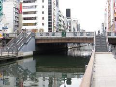 Dotonboribashi bridge over Dotonbori canal in Osaka city at dusk