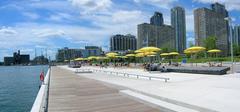 Skyline and urban beach at HTO Park in Toronto Canada