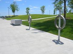Bike racks at HTO Park in Toronto with waterfront and city buildings in background