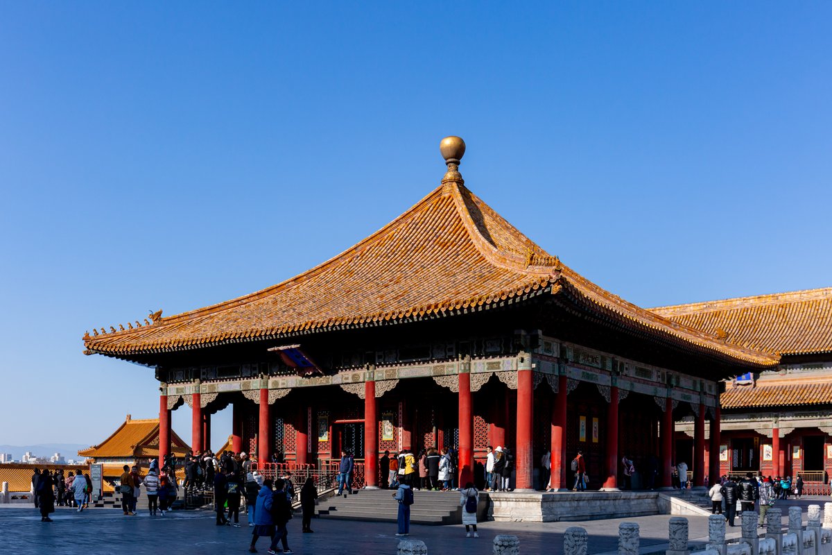 The Hall of Central Harmony interior with traditional Chinese architecture and decorative ceiling in the Forbidden City