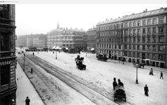 Halmtorvet square in Copenhagen Denmark around 1901 with historical buildings and horse-drawn carriages